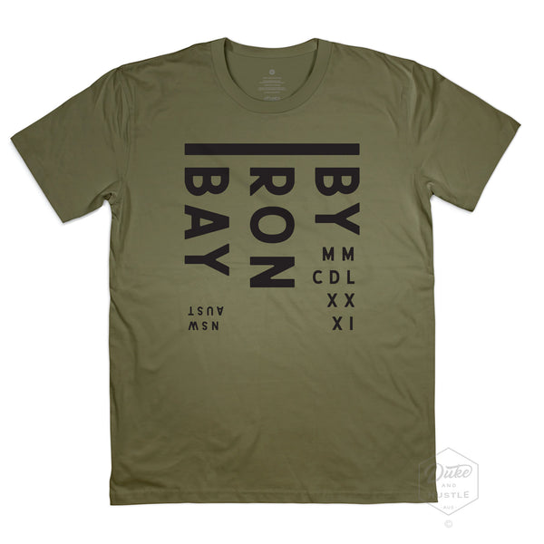 Byron Bay Men’s Graphic T Shirt on Australian Cotton, Khaki, Front